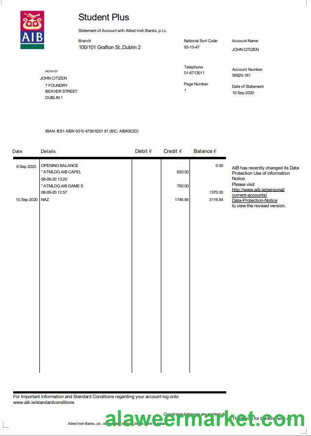 Ireland AIB bank statement